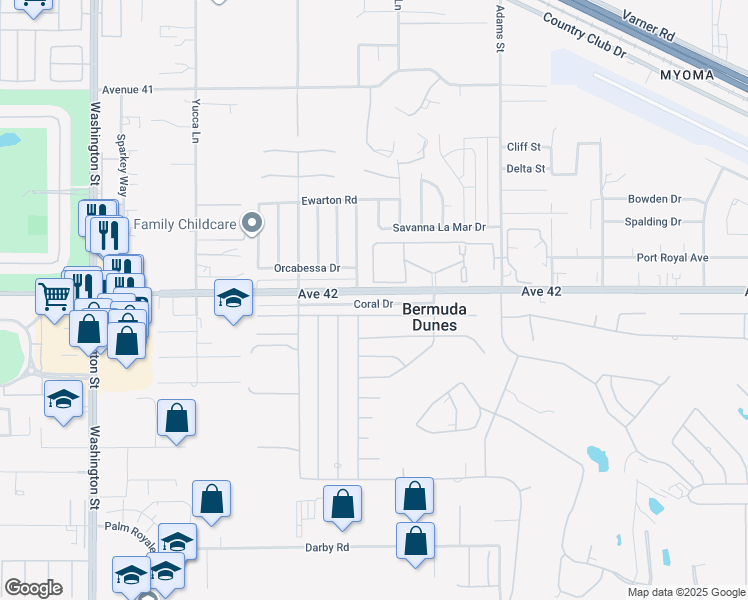 map of restaurants, bars, coffee shops, grocery stores, and more near 78642 Avenue 42 in Bermuda Dunes