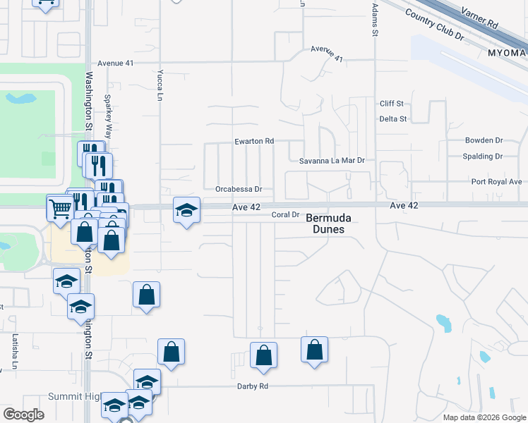map of restaurants, bars, coffee shops, grocery stores, and more near 78580 Avenue 42 in Bermuda Dunes