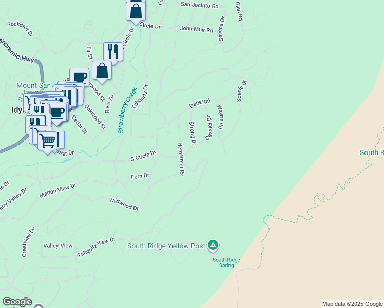 map of restaurants, bars, coffee shops, grocery stores, and more near 55080 Strong Drive in Idyllwild-Pine Cove