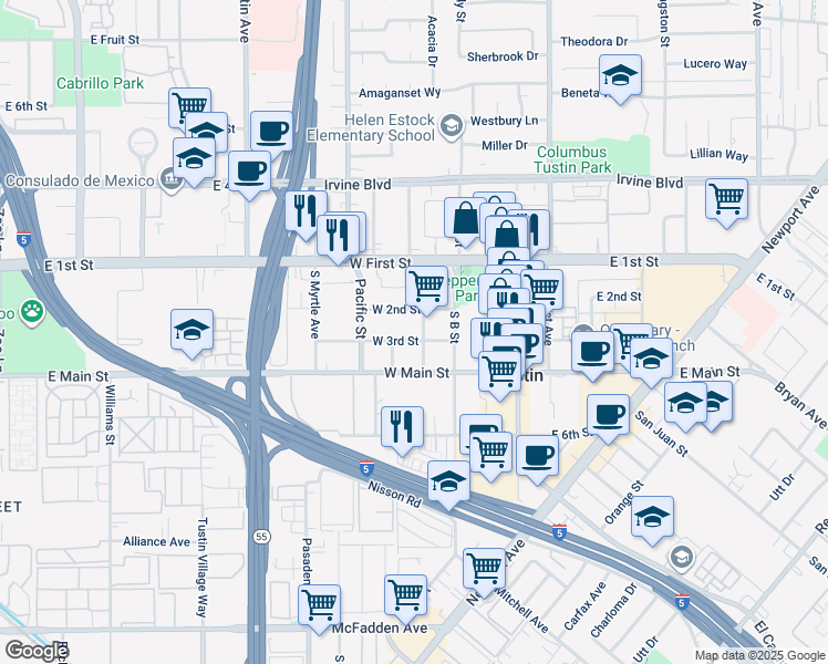 map of restaurants, bars, coffee shops, grocery stores, and more near 430 West 2nd Street in Tustin
