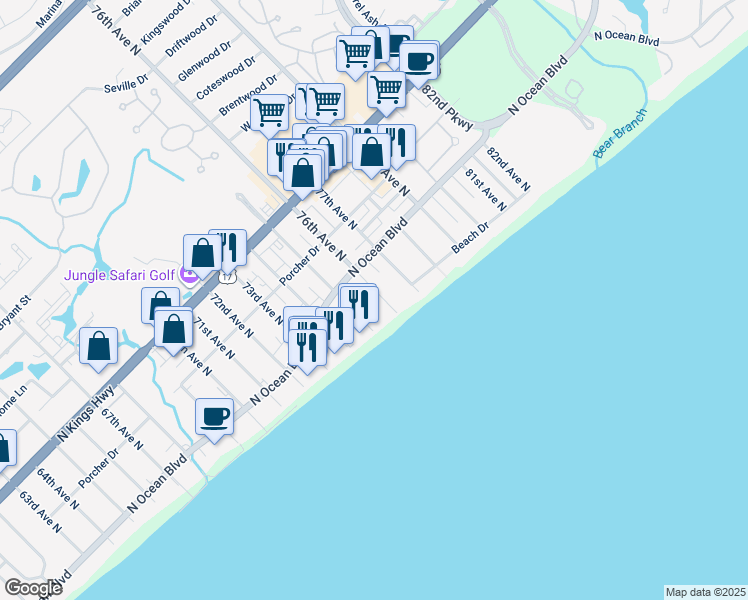 map of restaurants, bars, coffee shops, grocery stores, and more near 219 76th Avenue North in Myrtle Beach