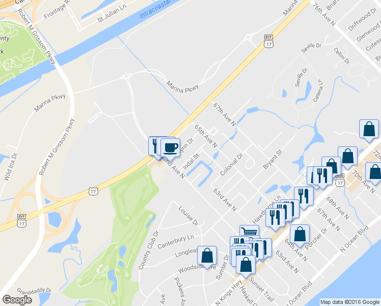 map of restaurants, bars, coffee shops, grocery stores, and more near 6217 Tindal Street in Myrtle Beach