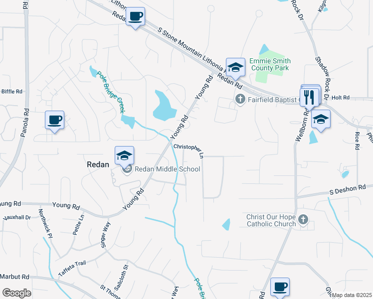 map of restaurants, bars, coffee shops, grocery stores, and more near 5807 Christopher Lane in Lithonia