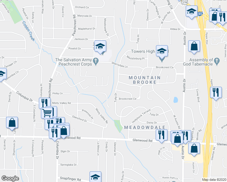 map of restaurants, bars, coffee shops, grocery stores, and more near 3543 Sweetgum Lane in Decatur