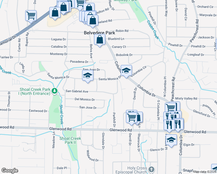 map of restaurants, bars, coffee shops, grocery stores, and more near 3119 Santa Monica Drive in Decatur