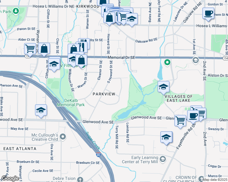 map of restaurants, bars, coffee shops, grocery stores, and more near 1650 Eastport Terrace Southeast in Atlanta