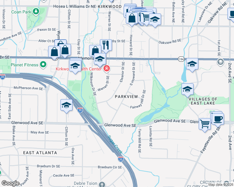 map of restaurants, bars, coffee shops, grocery stores, and more near 332 Eleanor Street Southeast in Atlanta