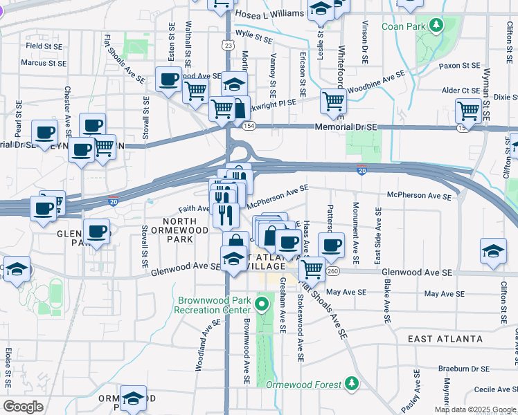 map of restaurants, bars, coffee shops, grocery stores, and more near 347 Trilby Street Southeast in Atlanta