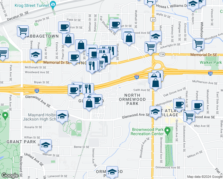 map of restaurants, bars, coffee shops, grocery stores, and more near 970 North Ormewood Park Drive Southeast in Atlanta