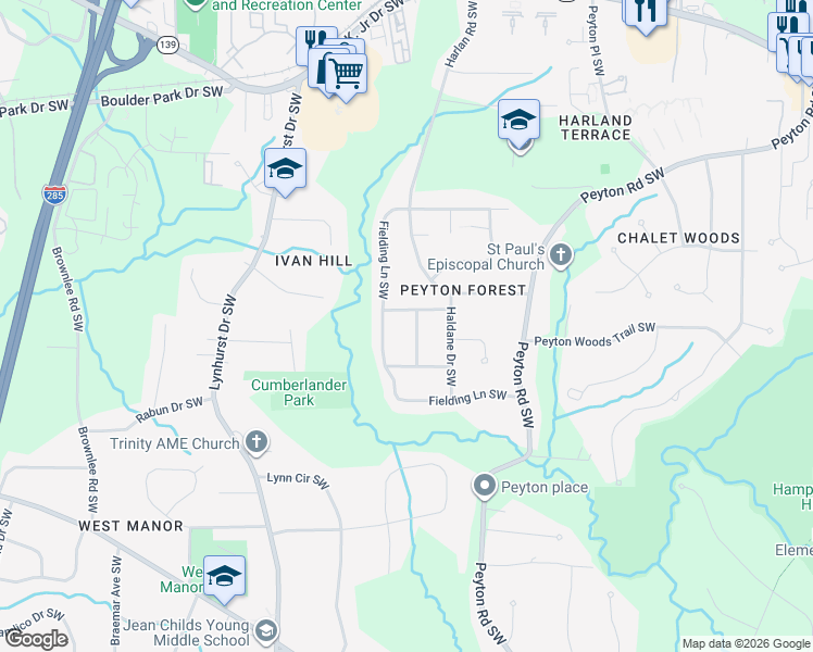 map of restaurants, bars, coffee shops, grocery stores, and more near 2959 Shelly Drive Southwest in Atlanta