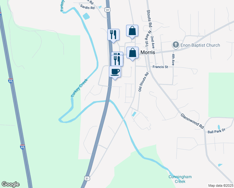 map of restaurants, bars, coffee shops, grocery stores, and more near 8312 Franklin Lane in Morris