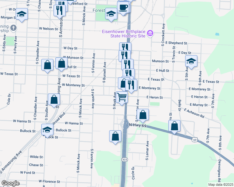 map of restaurants, bars, coffee shops, grocery stores, and more near 226 West Monterey Street in Denison