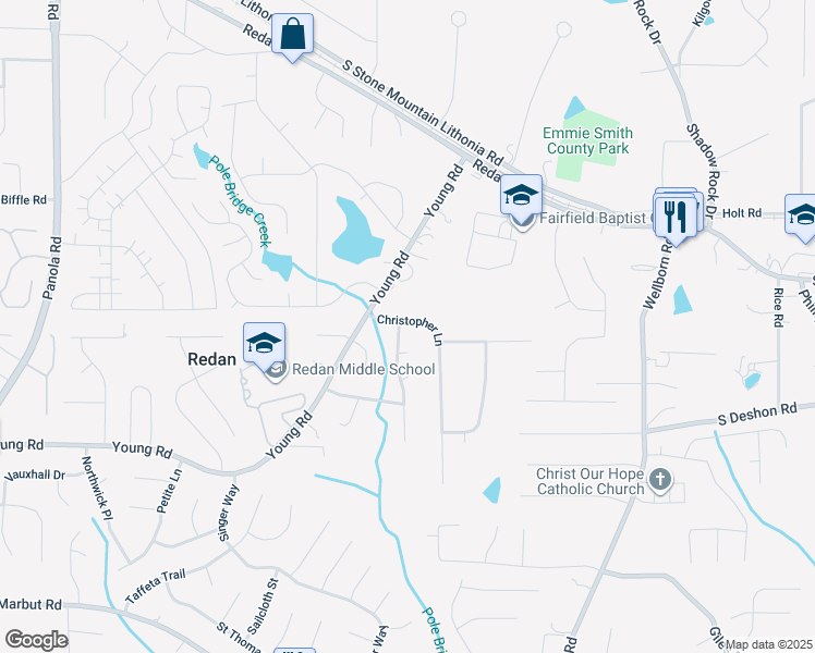 map of restaurants, bars, coffee shops, grocery stores, and more near 5807 Christopher Lane in Lithonia