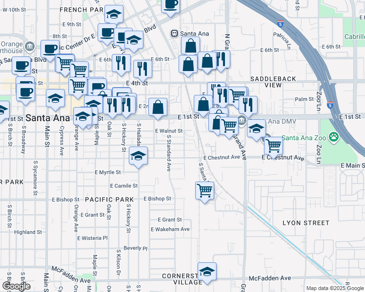map of restaurants, bars, coffee shops, grocery stores, and more near 926 East Pine Street in Santa Ana