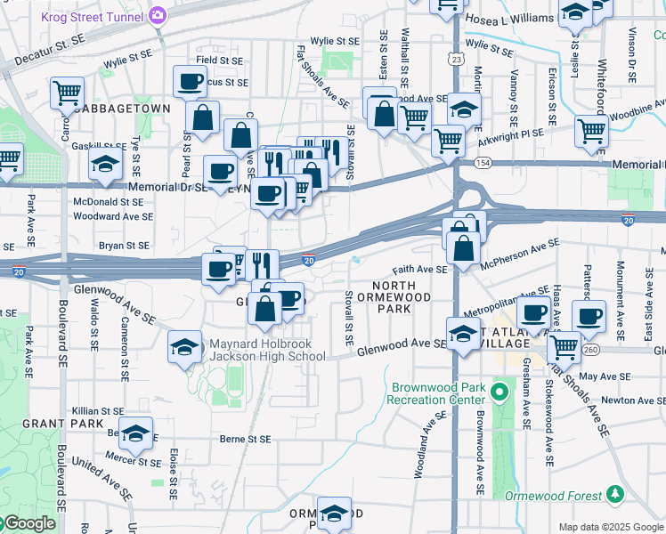map of restaurants, bars, coffee shops, grocery stores, and more near 970 North Ormewood Park Drive Southeast in Atlanta