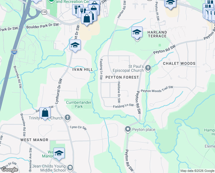 map of restaurants, bars, coffee shops, grocery stores, and more near 2925 Shelly Drive Southwest in Atlanta