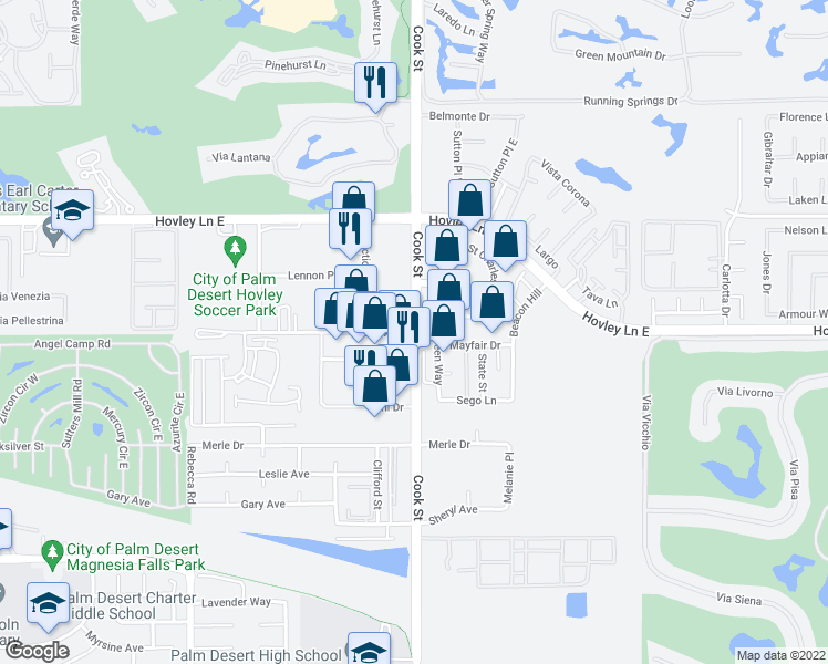 map of restaurants, bars, coffee shops, grocery stores, and more near 79090 42nd Avenue in Palm Desert