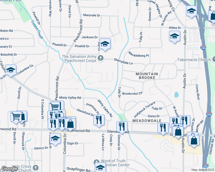 map of restaurants, bars, coffee shops, grocery stores, and more near 3524 Brookfield Lane in Decatur