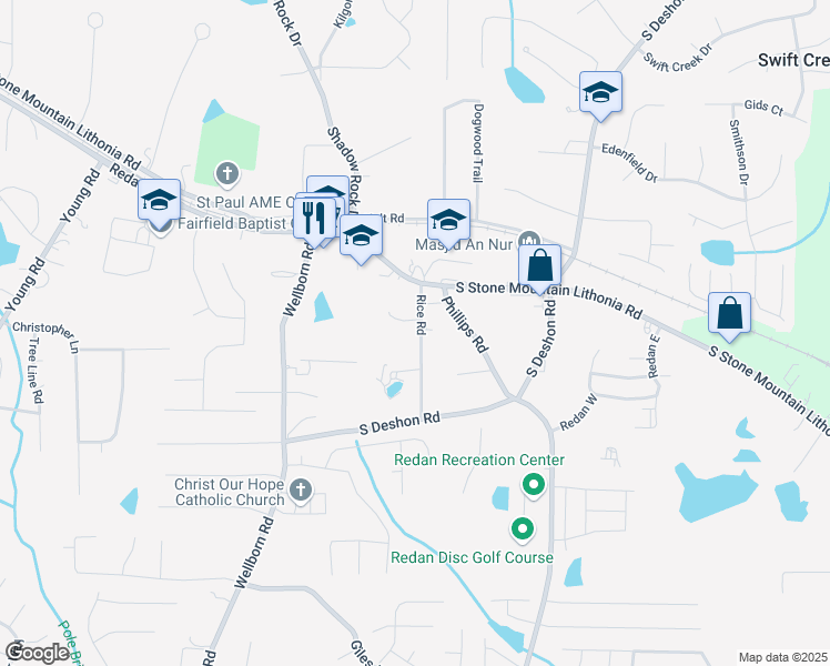 map of restaurants, bars, coffee shops, grocery stores, and more near 1631 Rice Road in Lithonia