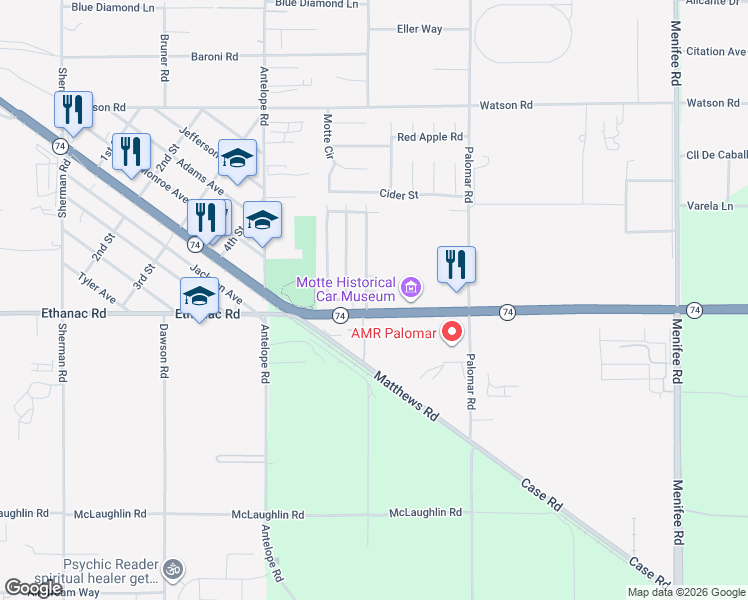 map of restaurants, bars, coffee shops, grocery stores, and more near 25944 Tradewinds Drive in Menifee