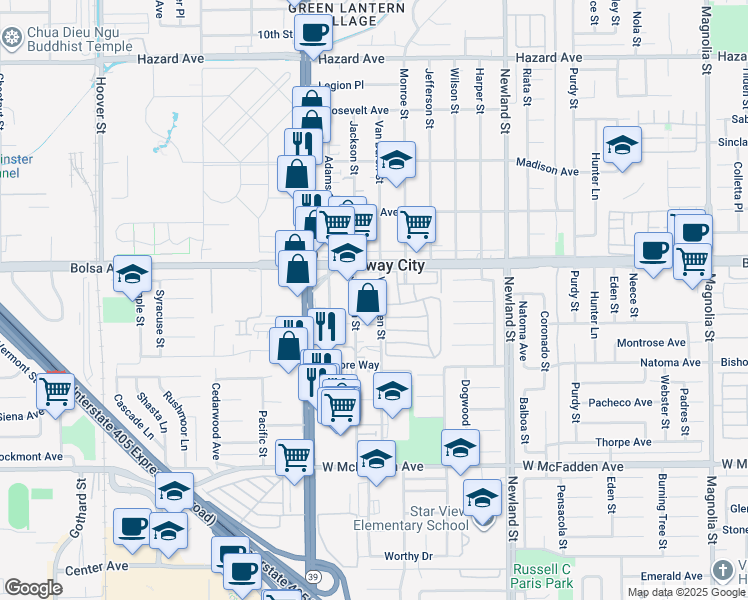 map of restaurants, bars, coffee shops, grocery stores, and more near 15081 Van Buren Street in Midway City