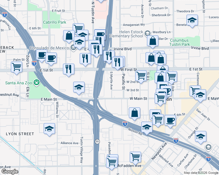 map of restaurants, bars, coffee shops, grocery stores, and more near 740 West 2nd Street in Tustin