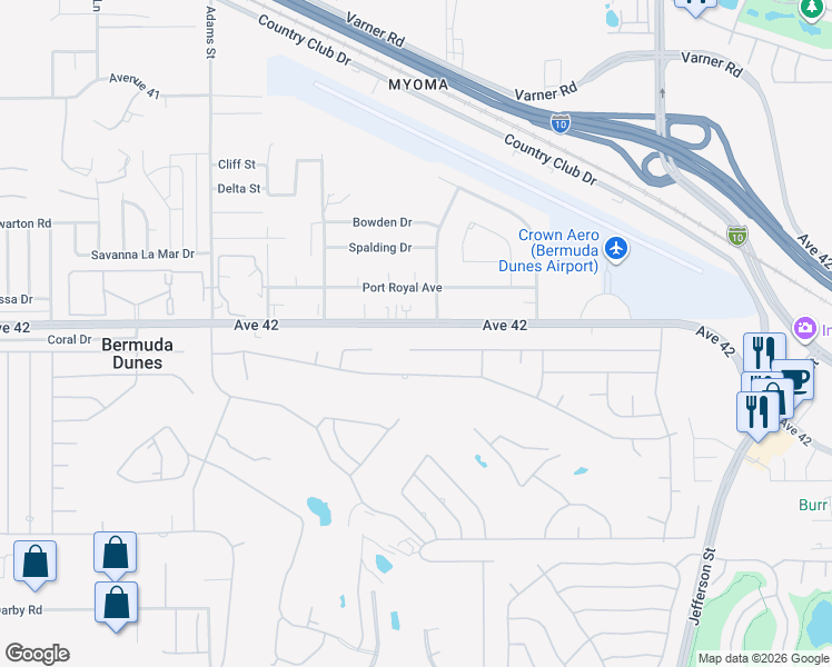 map of restaurants, bars, coffee shops, grocery stores, and more near 79421 Avenue 42 in Bermuda Dunes