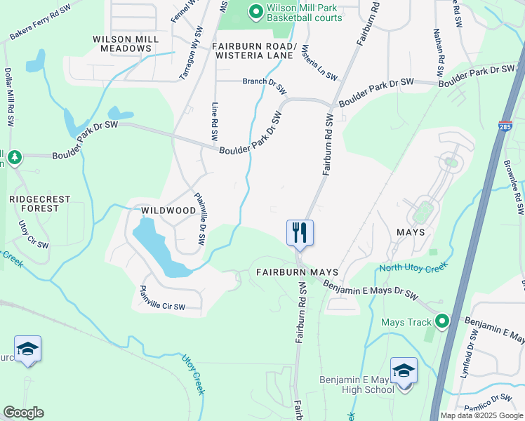 map of restaurants, bars, coffee shops, grocery stores, and more near 415 Fairburn Road Southwest in Atlanta