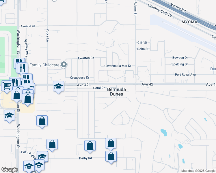 map of restaurants, bars, coffee shops, grocery stores, and more near 78650 Avenue 42 in Bermuda Dunes