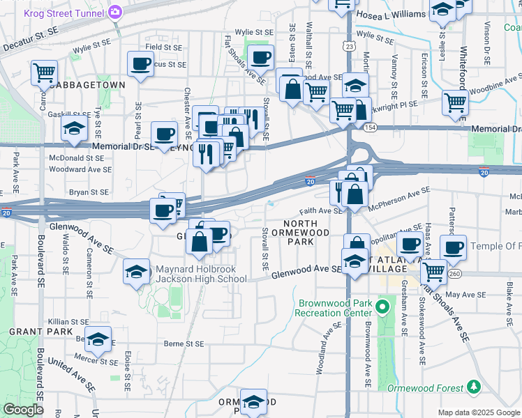 map of restaurants, bars, coffee shops, grocery stores, and more near 980 North Ormewood Park Drive in Atlanta
