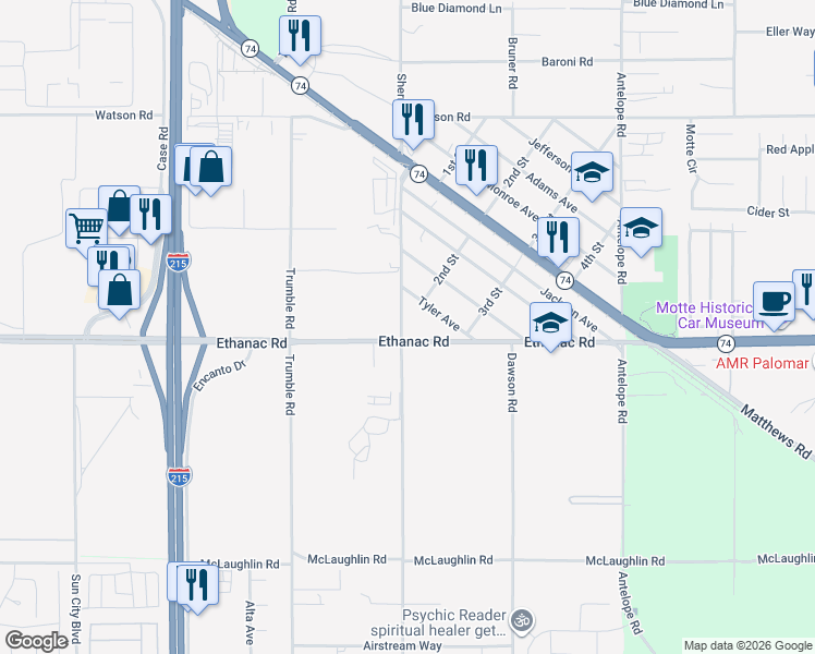 map of restaurants, bars, coffee shops, grocery stores, and more near 25920 Sherman Road in Menifee