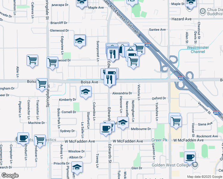 map of restaurants, bars, coffee shops, grocery stores, and more near 6522 Bolsa Avenue in Huntington Beach