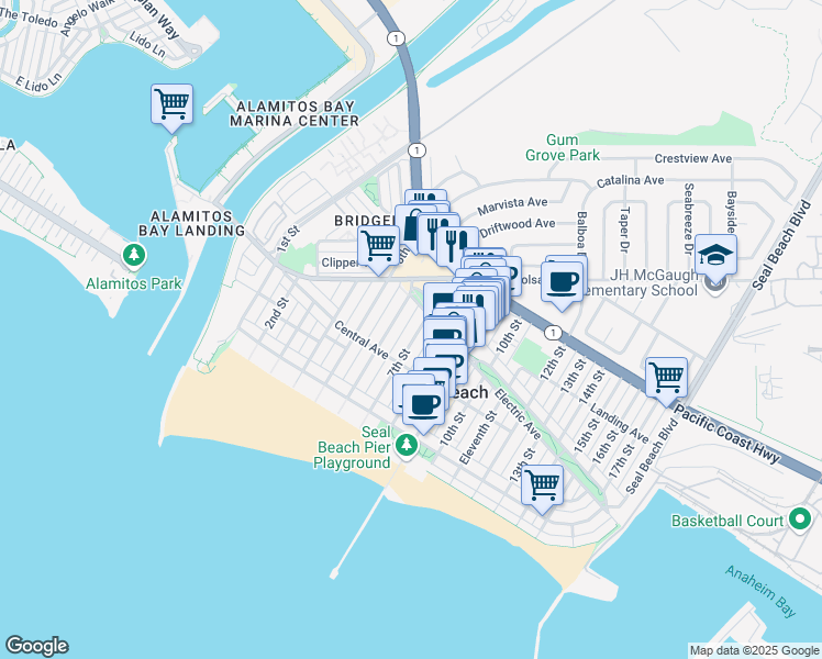 map of restaurants, bars, coffee shops, grocery stores, and more near 231 7th Street in Seal Beach