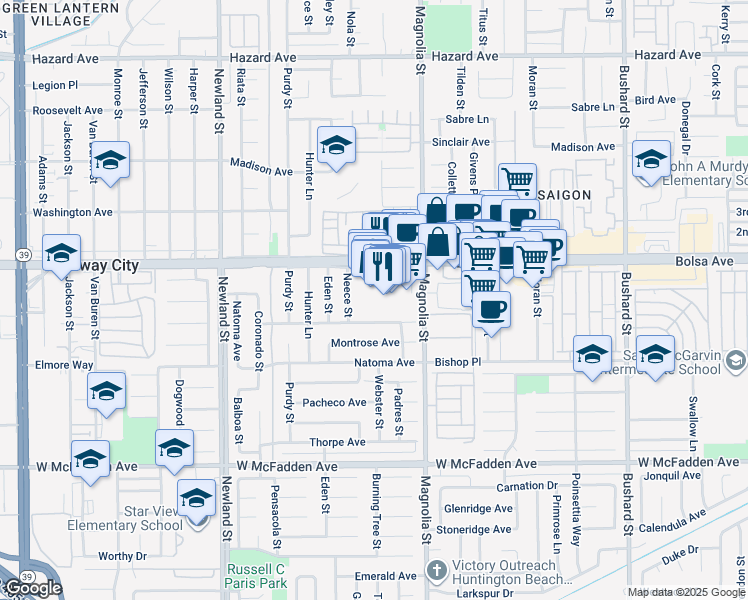 map of restaurants, bars, coffee shops, grocery stores, and more near 8900 Bolsa Avenue in Westminster