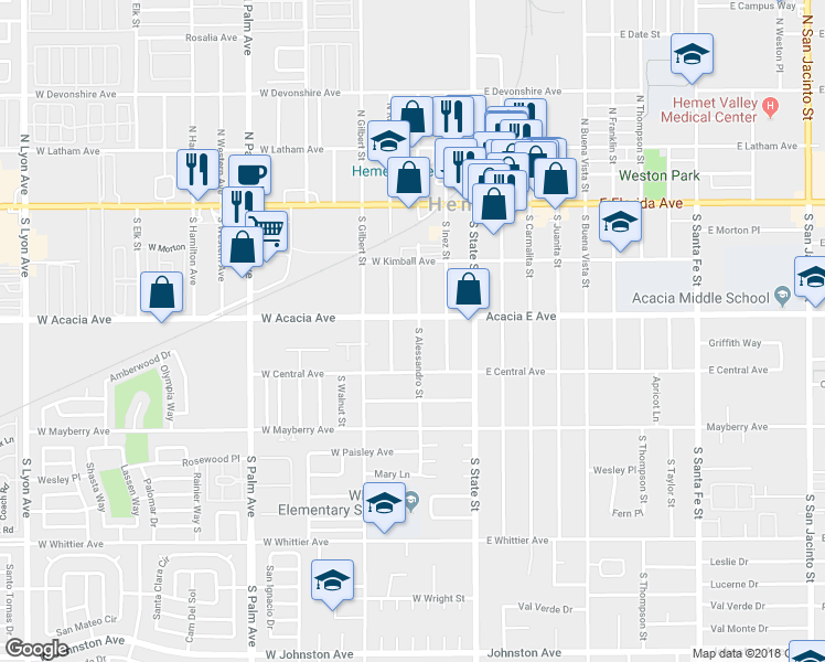 map of restaurants, bars, coffee shops, grocery stores, and more near 315 South Alessandro Street in Hemet