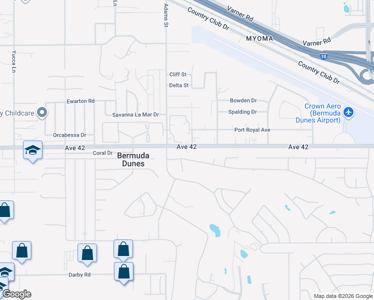 map of restaurants, bars, coffee shops, grocery stores, and more near 79101 Avenue 42 in Bermuda Dunes