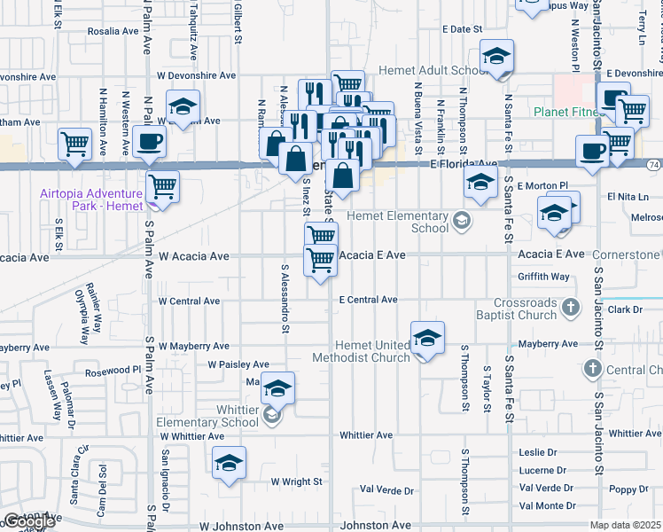 map of restaurants, bars, coffee shops, grocery stores, and more near in Hemet
