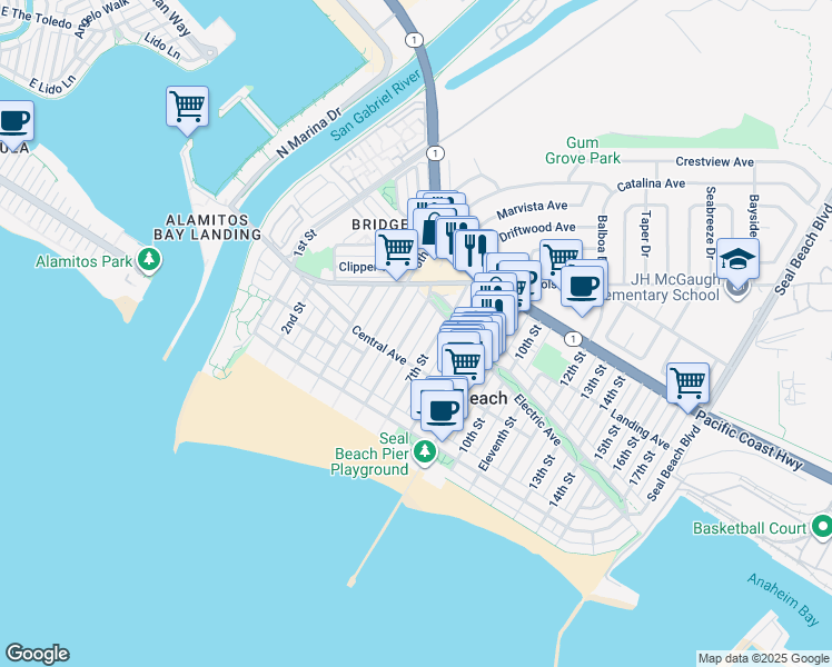map of restaurants, bars, coffee shops, grocery stores, and more near 226 6th Street in Seal Beach