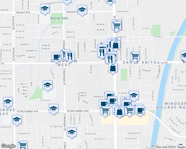 map of restaurants, bars, coffee shops, grocery stores, and more near 4080 West 1st Street in Santa Ana