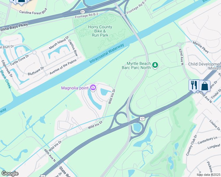 map of restaurants, bars, coffee shops, grocery stores, and more near 4847 Luster Leaf Circle in Myrtle Beach