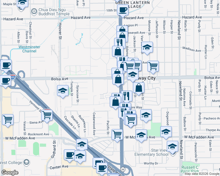 map of restaurants, bars, coffee shops, grocery stores, and more near 15000 Pacific Street in Midway City