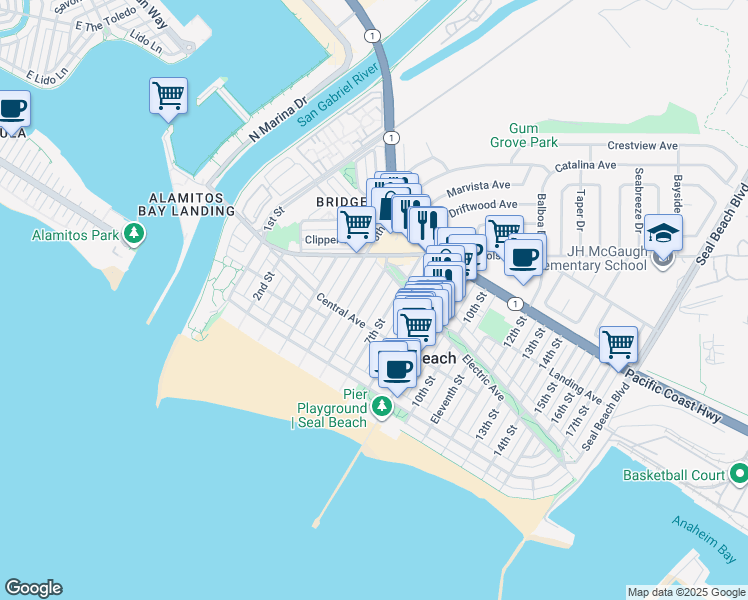 map of restaurants, bars, coffee shops, grocery stores, and more near 226 6th Street in Seal Beach