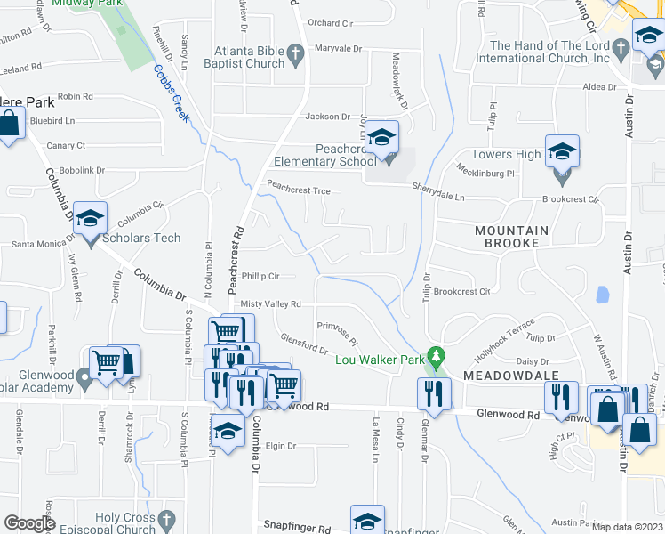 map of restaurants, bars, coffee shops, grocery stores, and more near 3458 Brookfield Lane in Decatur