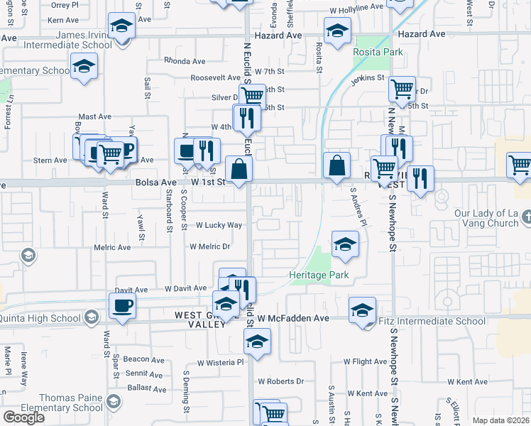 map of restaurants, bars, coffee shops, grocery stores, and more near 5122 West 1st Street in Santa Ana
