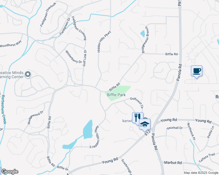 map of restaurants, bars, coffee shops, grocery stores, and more near 5233 Hidden Hills Court in Stone Mountain