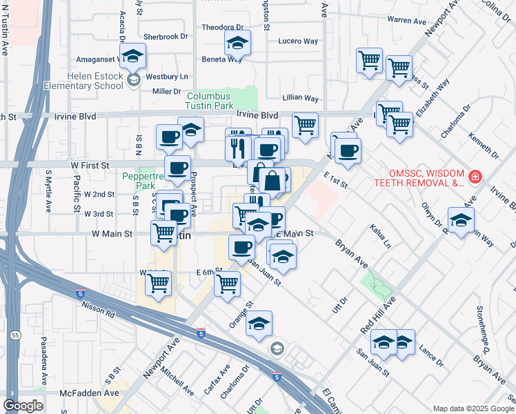 map of restaurants, bars, coffee shops, grocery stores, and more near 12 Centennial Way in Tustin