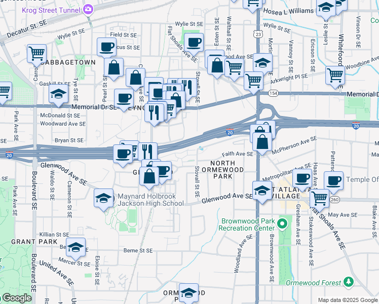 map of restaurants, bars, coffee shops, grocery stores, and more near 974 North Ormewood Park Drive in Atlanta