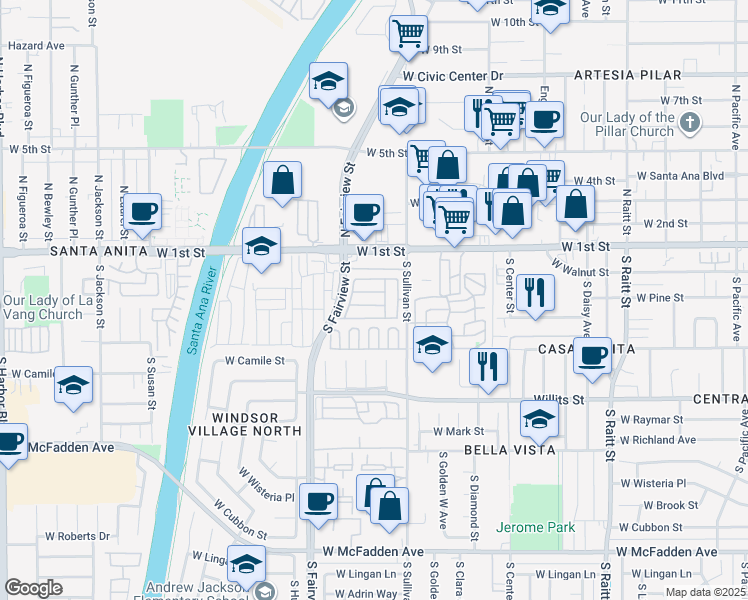 map of restaurants, bars, coffee shops, grocery stores, and more near 206 South Sullivan Street in Santa Ana