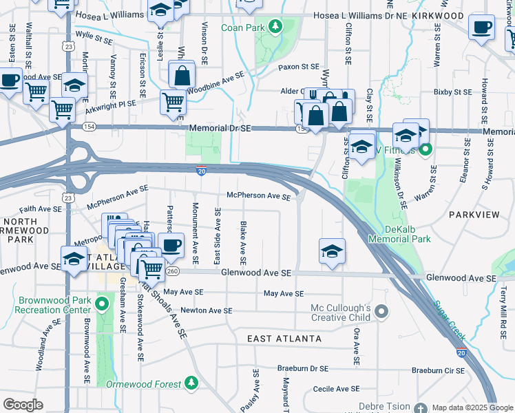 map of restaurants, bars, coffee shops, grocery stores, and more near 1532 McPherson Avenue Southeast in Atlanta