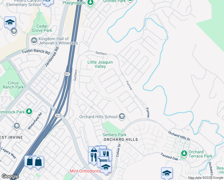 map of restaurants, bars, coffee shops, grocery stores, and more near 117 Andirons in Irvine